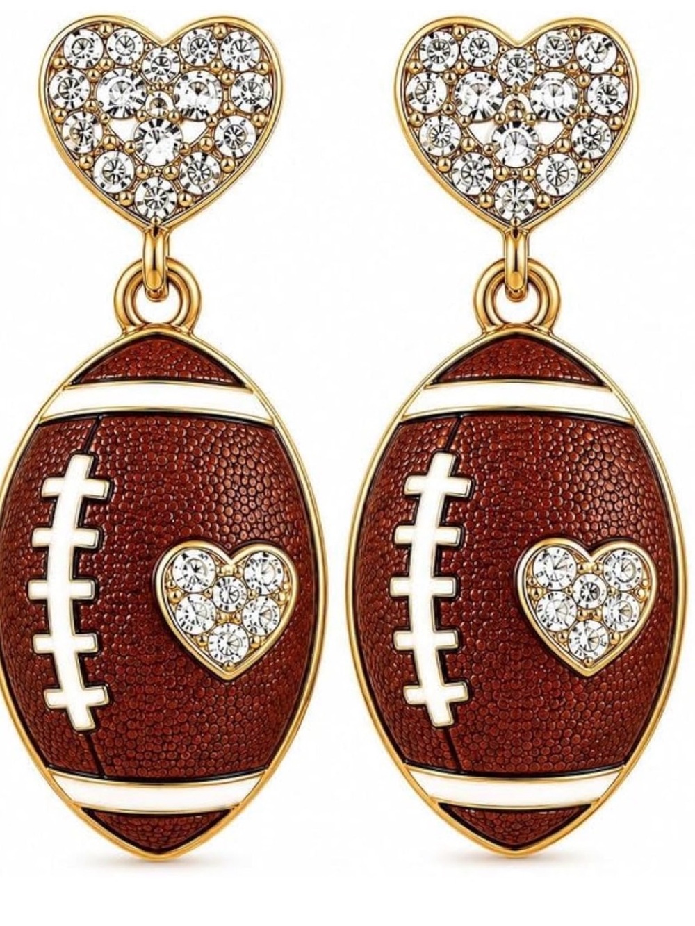 Gold-Tone Brown Football Heart Drop Earrings with Crystals